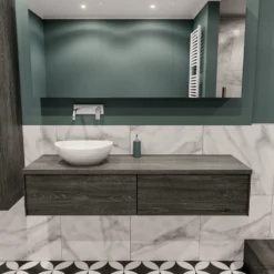 Badkamermeubel BWS Madrid Antraciet 150 Cm Met Topblad En Keramische Waskom Links (2 Lades, 0 Kraangaten)