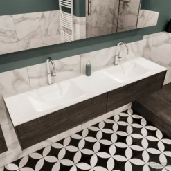 Badkamermeubel BWS Madrid Dark Brown 180x45x30 Cm Mat Witte Solid Surface Wastafel Dubbel (2 Lades, 2 Kraangaten) -Zalig Baden Verkoopwinkel badmeubel bws madrid 180 dark brown dubbel 2ld 2krg detail1