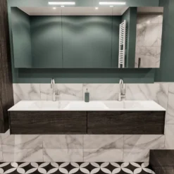 Badkamermeubel BWS Madrid Dark Brown 180x45x30 Cm Mat Witte Solid Surface Wastafel Dubbel (2 Lades, 2 Kraangaten)