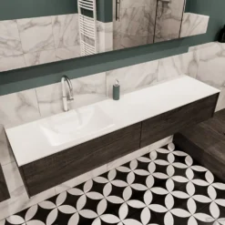 Badkamermeubel BWS Madrid Dark Brown 180x45x30 Cm Mat Witte Solid Surface Wastafel Links (2 Lades, 1 Kraangat) -Zalig Baden Verkoopwinkel badmeubel bws madrid 180 dark brown links 2ld 1krg detail1