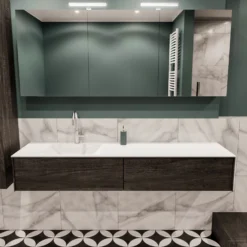 Badkamermeubel BWS Madrid Dark Brown 180x45x30 Cm Mat Witte Solid Surface Wastafel Links (2 Lades, 1 Kraangat)