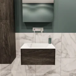 Badkamermeubel BWS Madrid Dark Brown 60x45x30 Cm Mat Witte Solid Surface Wastafel (0 Kraangaten)