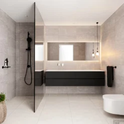 Badkamermeubel Solid Surface BWS Oslo 200x45 Cm Mat Zwart Urban Links (0 Kraangaten, 4 Lades) -Zalig Baden Verkoopwinkel badmeubel bws oslo 200 cm 4lds 0krg links sfeer