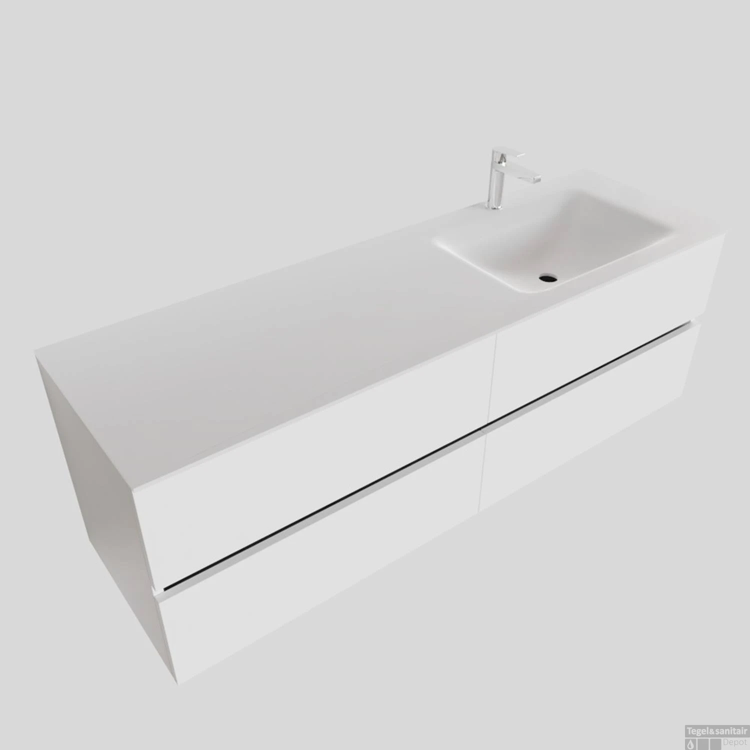 Badkamermeubel Solid Surface BWS Oslo 200x46 Cm Mat Wit Wasbak Rechts (1 Kraangat, 4 Lades) - Afbeelding 3