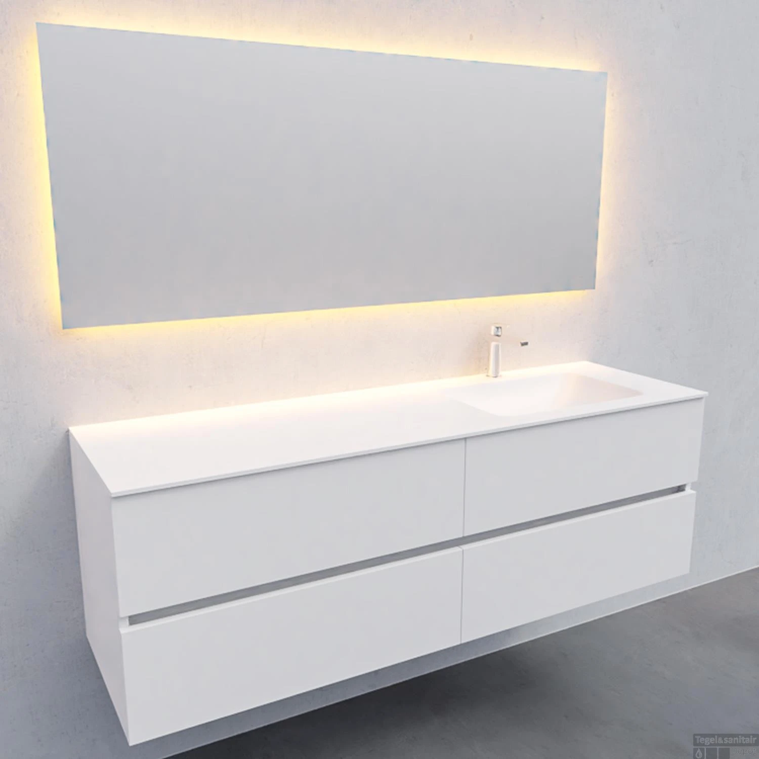 Badkamermeubel Solid Surface BWS Oslo 200x46 Cm Mat Wit Wasbak Rechts (1 Kraangat, 4 Lades) - Afbeelding 4