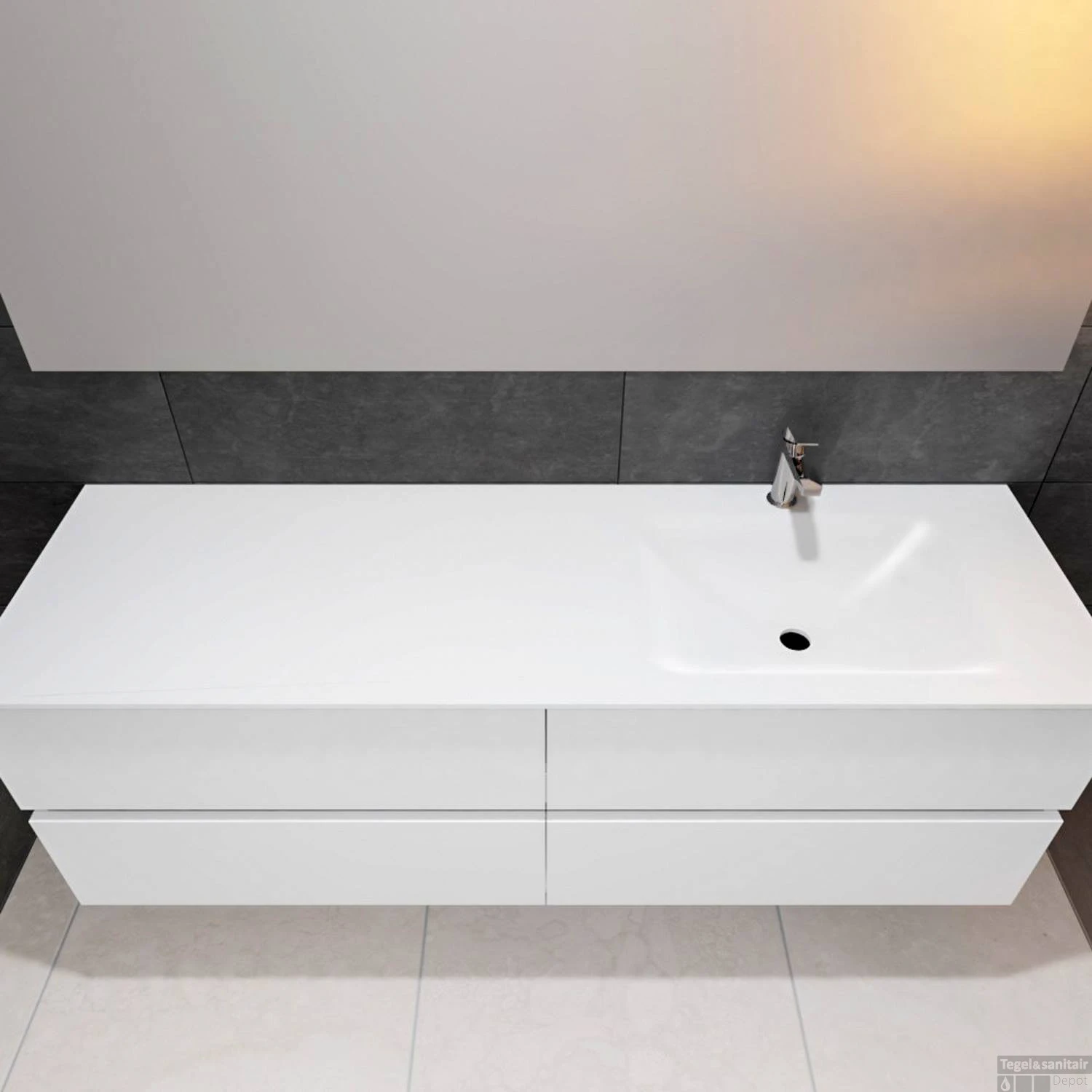 Badkamermeubel Solid Surface BWS Oslo 200x46 Cm Mat Wit Wasbak Rechts (1 Kraangat, 4 Lades) - Afbeelding 5