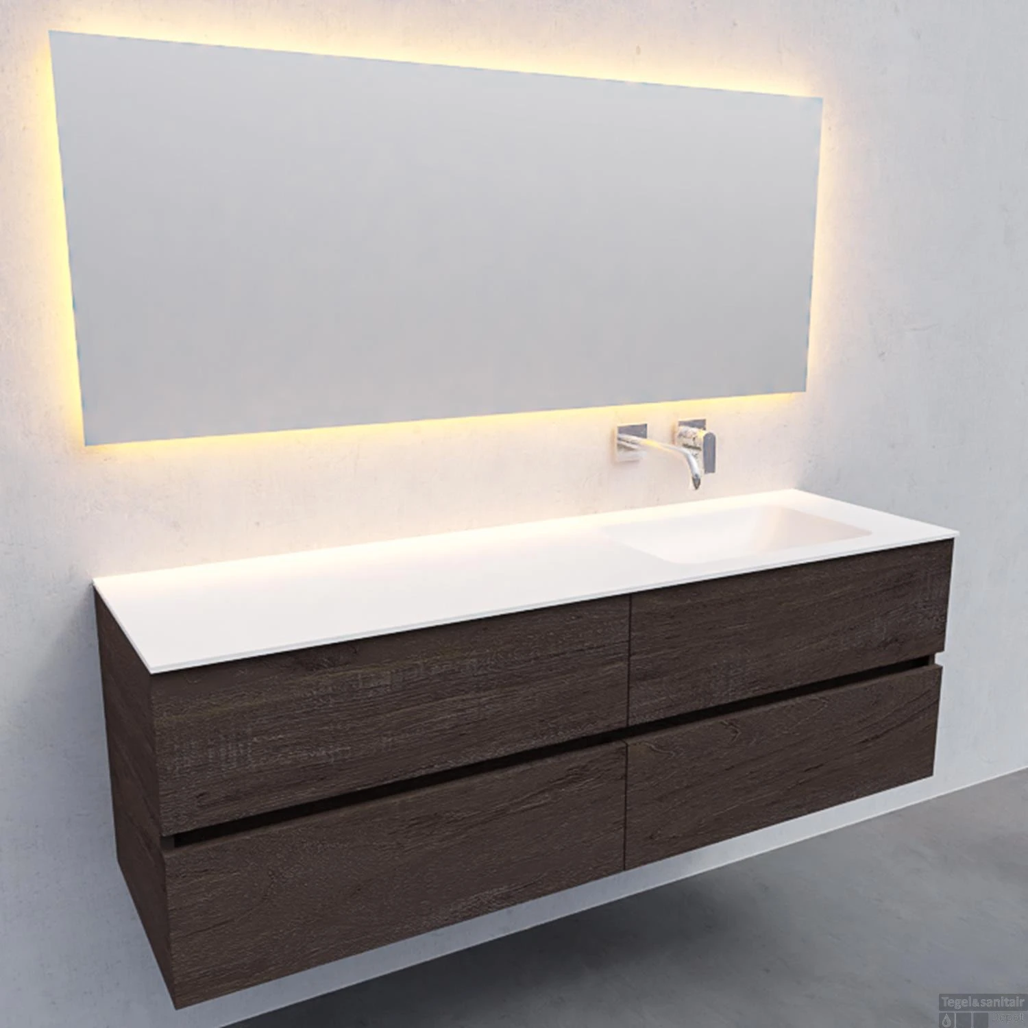 Badkamermeubel Solid Surface BWS Stockholm 200x46 Cm Wood Dark Brown Wasbak Rechts (0 Kraangaten, 4 Lades) - Afbeelding 4