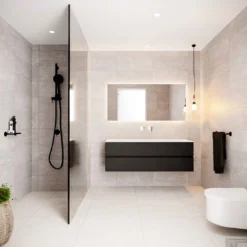 Badkamermeubel Solid Surface BWS Stockholm 150x45 Cm Mat Zwart Urban Midden (0 Kraangaten) -Zalig Baden Verkoopwinkel badmeubel bws stockholm mat zwart 150 2lds 0krg midden sfeer