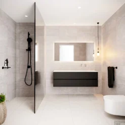 Badkamermeubel Solid Surface BWS Stockholm 150x45 Cm Mat Zwart Urban Rechts (0 Kraangaten) -Zalig Baden Verkoopwinkel badmeubel bws stockholm mat zwart 150 2lds 0krg rechts sfeer