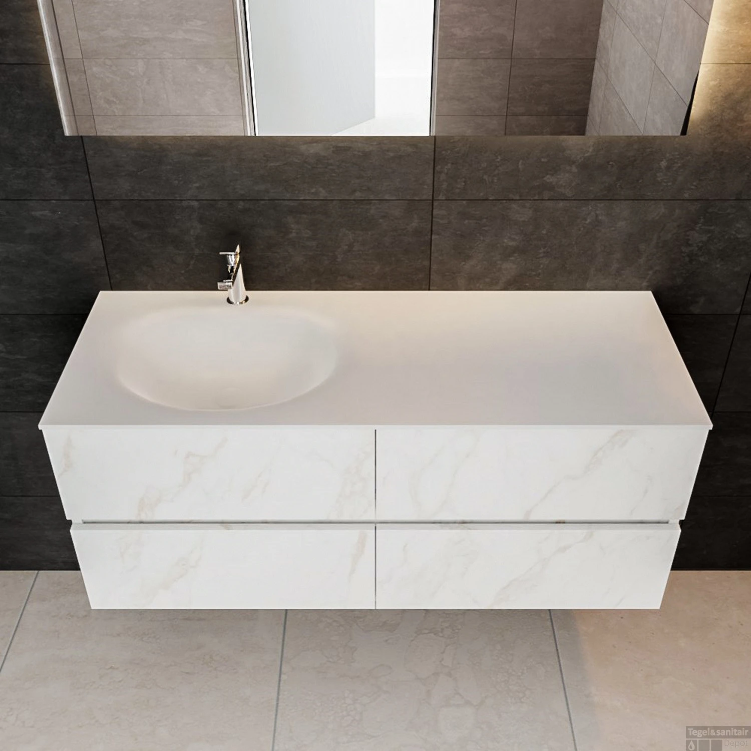 Badkamermeubel BWS Valencia Carrara Mat 120 Cm Solid Surface Wastafel Links (1 Kraangat, 4 Lades) 2 Badkamermeubel BWS Valencia Carrara Mat 120 Cm Solid Surface Wastafel Links (1 Kraangat, 4 Lades) - Afbeelding 2