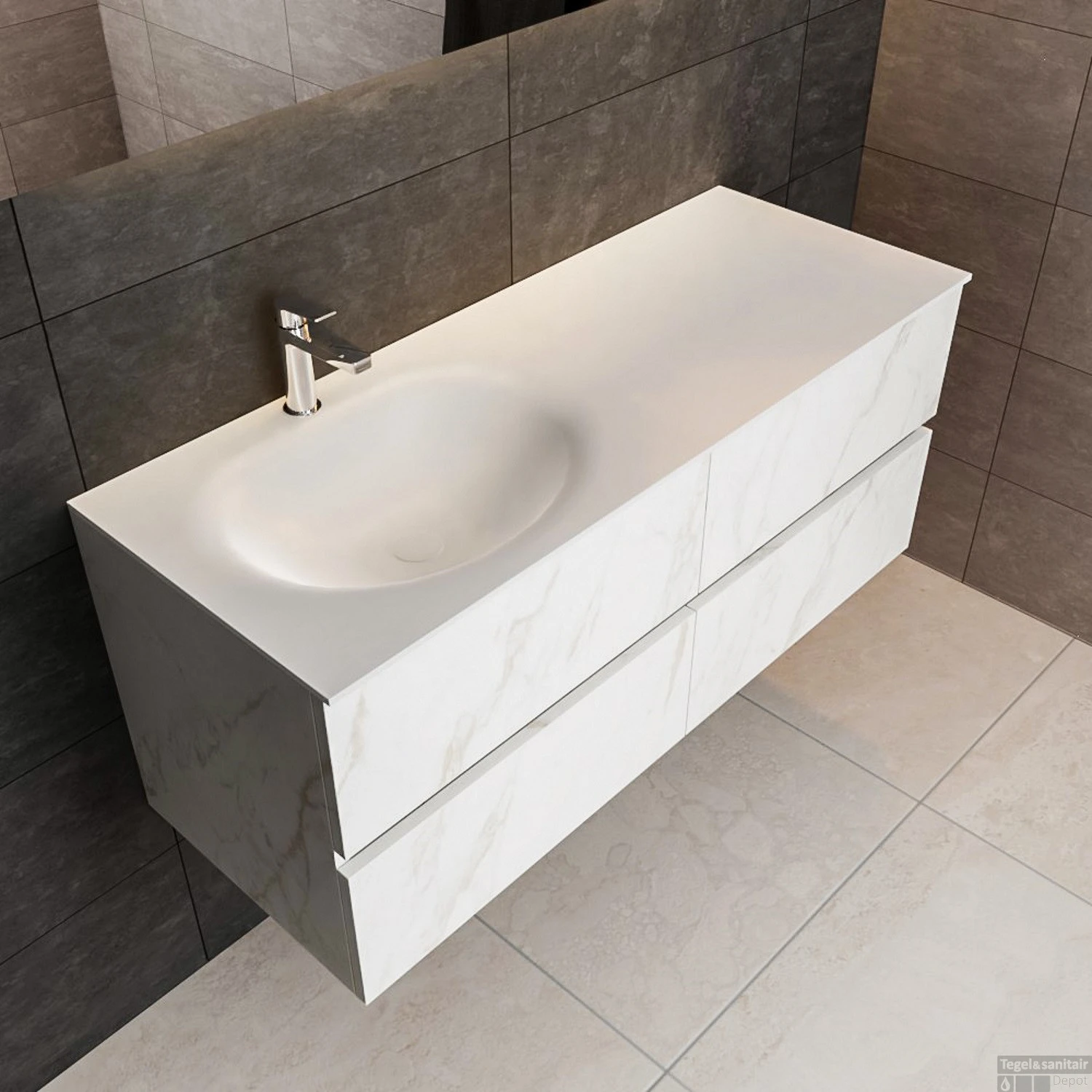 Badkamermeubel BWS Valencia Carrara Mat 120 Cm Solid Surface Wastafel Links (1 Kraangat, 4 Lades) 3 Badkamermeubel BWS Valencia Carrara Mat 120 Cm Solid Surface Wastafel Links (1 Kraangat, 4 Lades) - Afbeelding 3