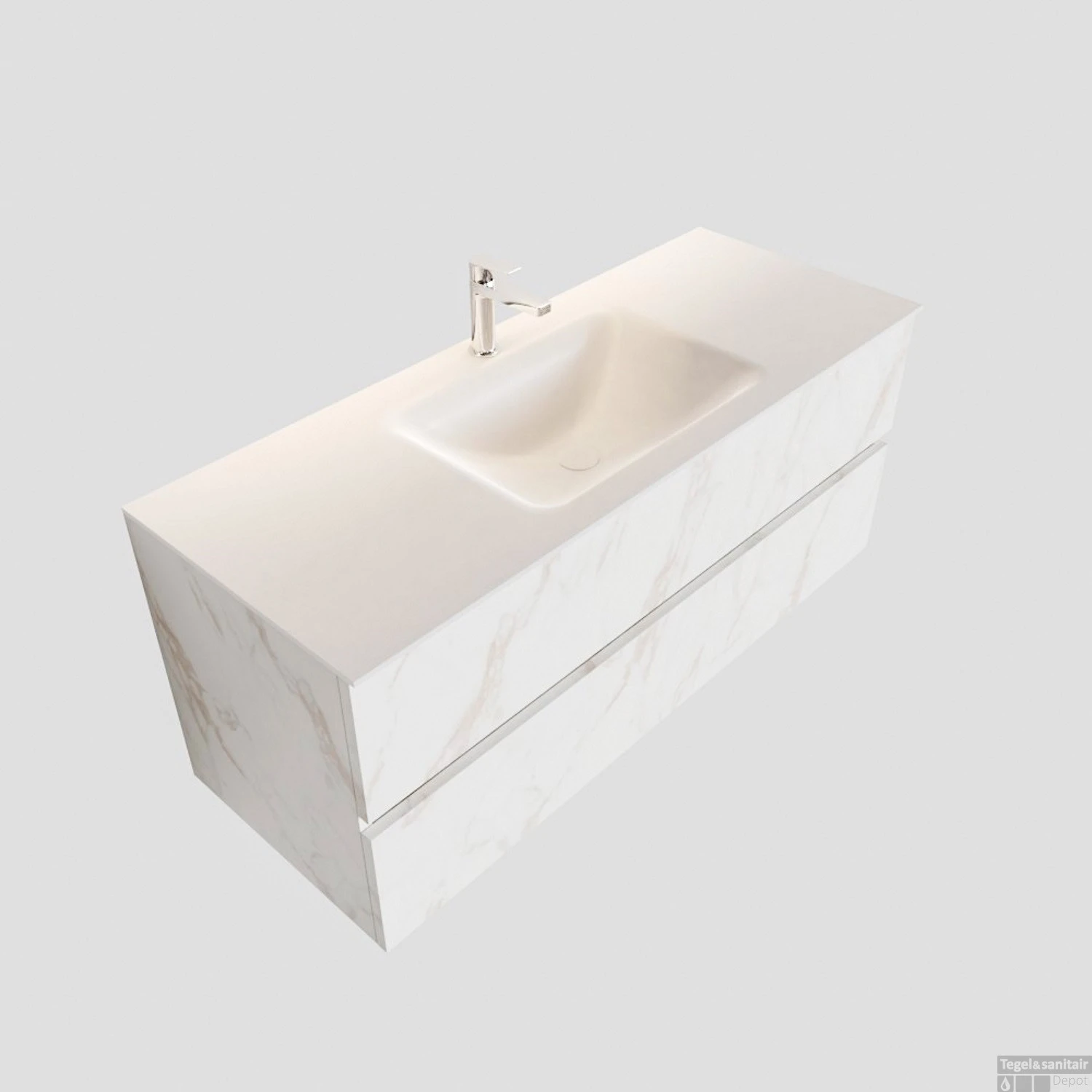 Badkamermeubel BWS Valencia Carrara Mat 120 Cm Solid Surface Wastafel (1 Kraangat, 2 Lades) 4 Badkamermeubel BWS Valencia Carrara Mat 120 Cm Solid Surface Wastafel (1 Kraangat, 2 Lades) - Afbeelding 4