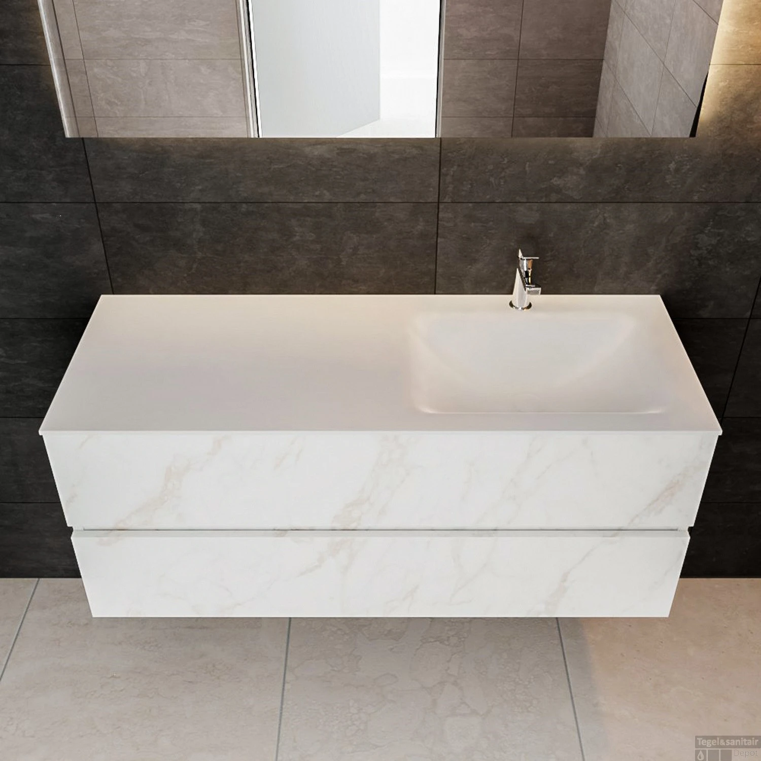 Badkamermeubel BWS Valencia Carrara Mat 120 Cm Solid Surface Wastafel Rechts (1 Kraangat, 2 Lades) 2 Badkamermeubel BWS Valencia Carrara Mat 120 Cm Solid Surface Wastafel Rechts (1 Kraangat, 2 Lades) - Afbeelding 2