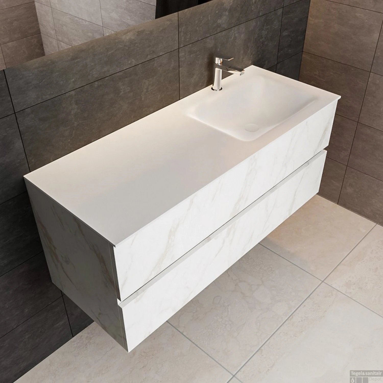 Badkamermeubel BWS Valencia Carrara Mat 120 Cm Solid Surface Wastafel Rechts (1 Kraangat, 2 Lades) 3 Badkamermeubel BWS Valencia Carrara Mat 120 Cm Solid Surface Wastafel Rechts (1 Kraangat, 2 Lades) - Afbeelding 3