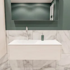 Badkamermeubel BWS Madrid Wit 100x45x30 Cm Mat Witte Solid Surface Wastafel Links (1 Kraangat)