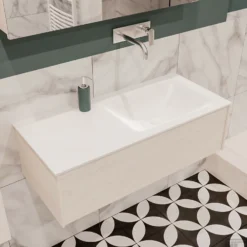 Badkamermeubel BWS Madrid Wit 100x45x30 Cm Mat Witte Solid Surface Wastafel Rechts (0 Kraangaten) -Zalig Baden Verkoopwinkel badmeubel bws wit 100 cm rechts 1ld 0krg detail1