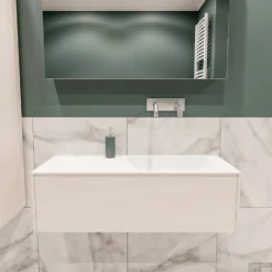 Badkamermeubel BWS Madrid Wit 100x45x30 Cm Mat Witte Solid Surface Wastafel Rechts (0 Kraangaten)