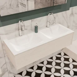 Badkamermeubel BWS Madrid Wit 120x45x30 Cm Mat Witte Solid Surface Wastafel Dubbel (2 Kraangaten) -Zalig Baden Verkoopwinkel badmeubel bws wit 120 cm dubbel 1ld 2krg detail1