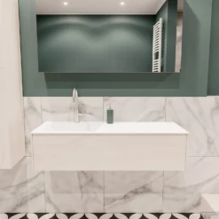 Badkamermeubel BWS Madrid Wit 120x45x30 Cm Mat Witte Solid Surface Wastafel Links (1 Kraangat)