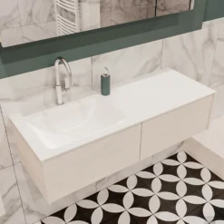 Badkamermeubel BWS Madrid Wit 120x45x30 Cm Mat Witte Solid Surface Wastafel Links (2 Lades, 1 Kraangat) -Zalig Baden Verkoopwinkel badmeubel bws wit 120 cm links 2ld 1krg detail1