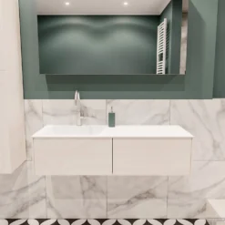 Badkamermeubel BWS Madrid Wit 120x45x30 Cm Mat Witte Solid Surface Wastafel Links (2 Lades, 1 Kraangat)