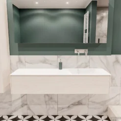 Badkamermeubel BWS Madrid Wit 150x45x30 Cm Mat Witte Solid Surface Wastafel Rechts (0 Kraangaten)