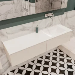 Badkamermeubel BWS Madrid Wit 150x45x30 Cm Mat Witte Solid Surface Wastafel Rechts (2 Lades, 0 Kraangaten) -Zalig Baden Verkoopwinkel badmeubel bws wit 150 cm rechts 2ld 0krg detail1