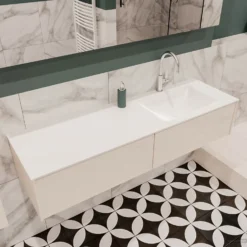 Badkamermeubel BWS Madrid Wit 150x45x30 Cm Mat Witte Solid Surface Wastafel Rechts (2 Lades, 1 Kraangat) -Zalig Baden Verkoopwinkel badmeubel bws wit 150 cm rechts 2ld 1krg detail1