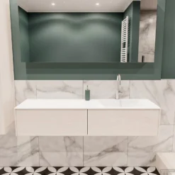 Badkamermeubel BWS Madrid Wit 150x45x30 Cm Mat Witte Solid Surface Wastafel Rechts (2 Lades, 1 Kraangat)