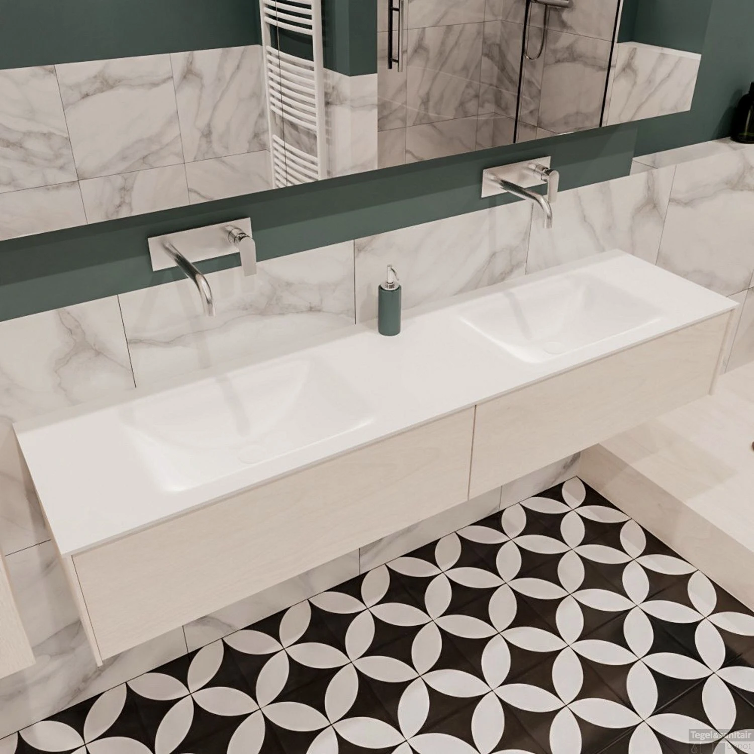 Badkamermeubel BWS Madrid Wit 180x45x30 Cm Mat Witte Solid Surface Wastafel Dubbel (2 Lades, 0 Kraangaten) 3 Badkamermeubel BWS Madrid Wit 180x45x30 Cm Mat Witte Solid Surface Wastafel Dubbel (2 Lades, 0 Kraangaten) - Afbeelding 3