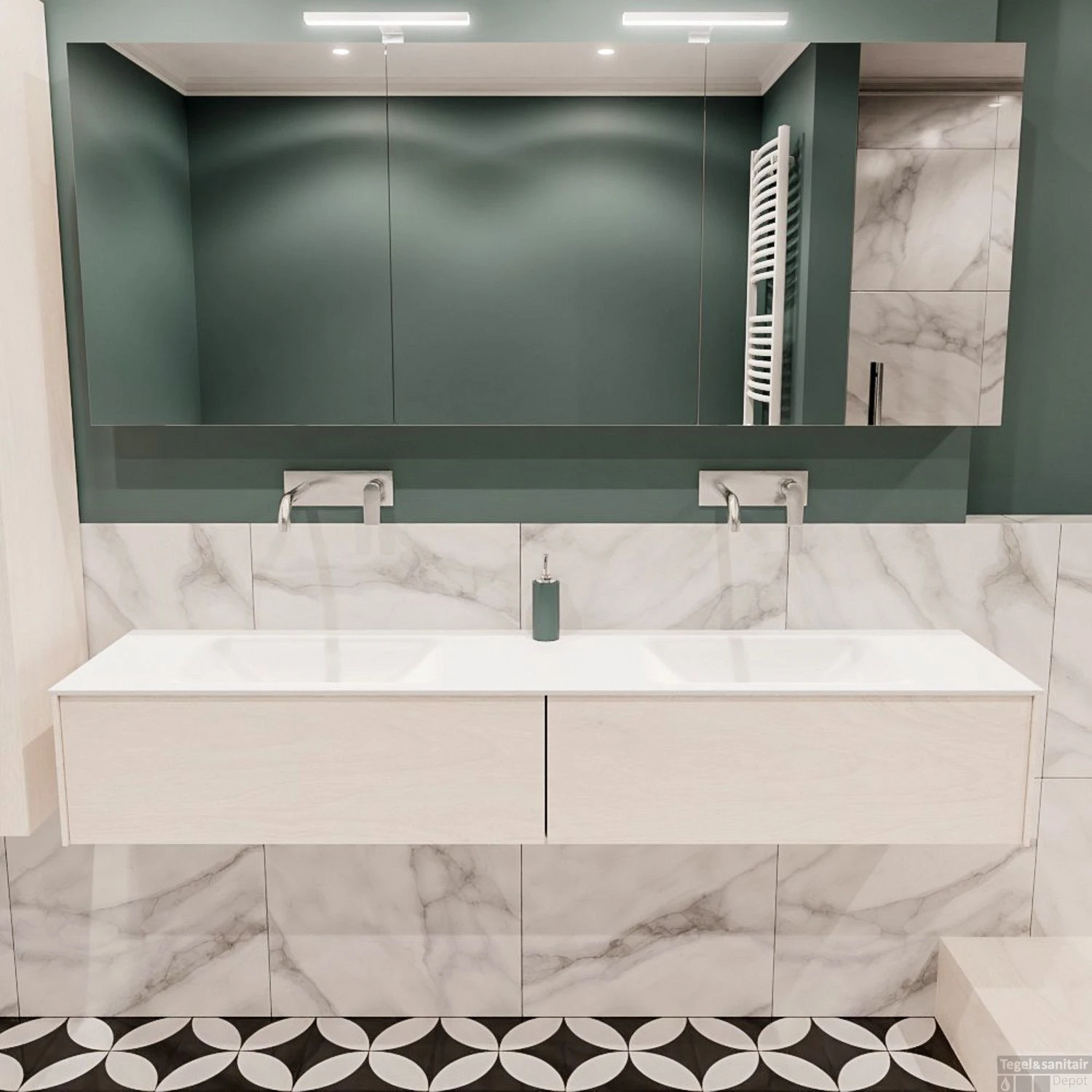 Badkamermeubel BWS Madrid Wit 180x45x30 Cm Mat Witte Solid Surface Wastafel Dubbel (2 Lades, 0 Kraangaten) 1 Badkamermeubel BWS Madrid Wit 180x45x30 Cm Mat Witte Solid Surface Wastafel Dubbel (2 Lades, 0 Kraangaten)