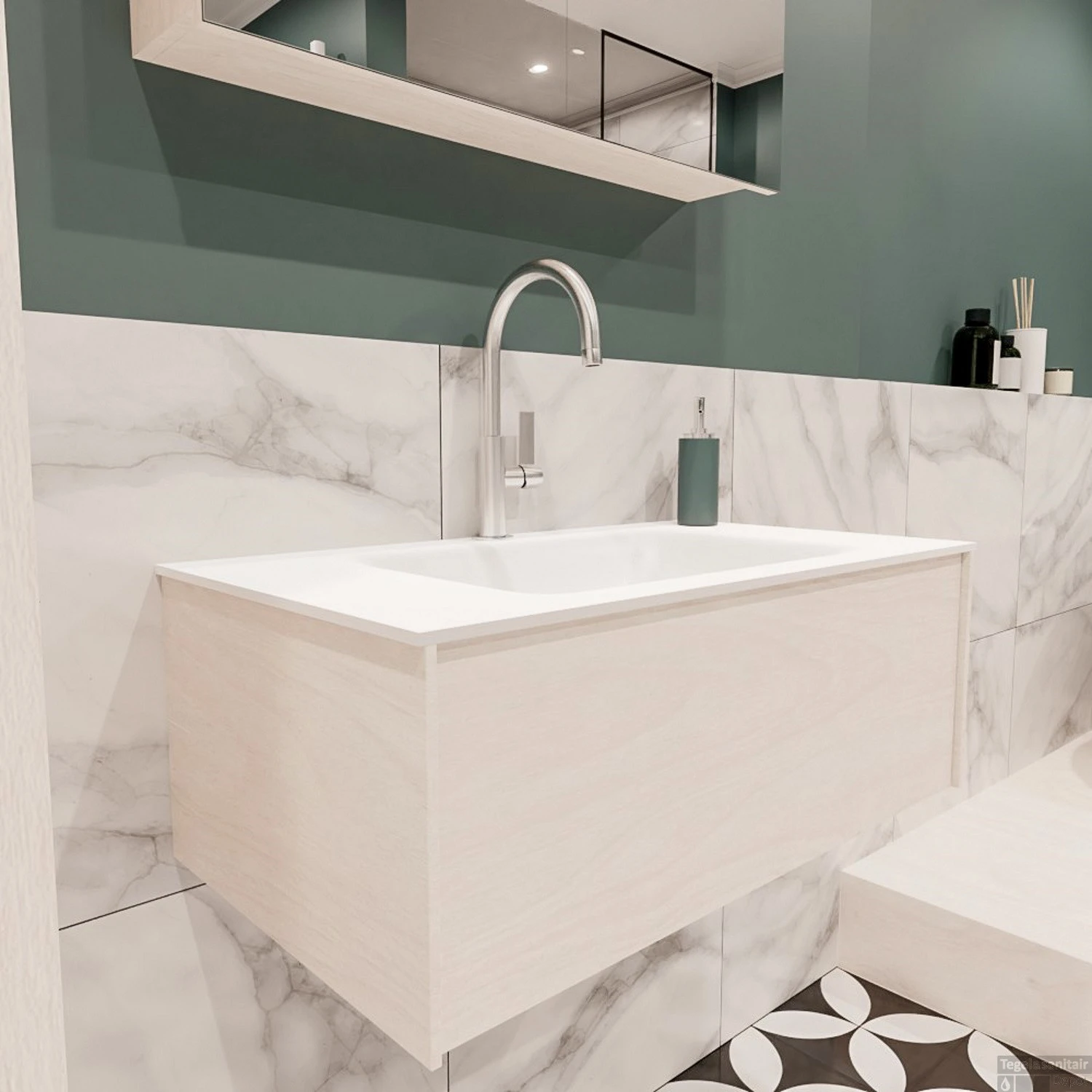 Badkamermeubel BWS Madrid Wit 80x45x30 Cm Mat Witte Solid Surface Wastafel (1 Kraangat) 2 Badkamermeubel BWS Madrid Wit 80x45x30 Cm Mat Witte Solid Surface Wastafel (1 Kraangat) - Afbeelding 2