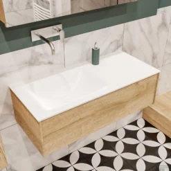 Badkamermeubel BWS Madrid Washed Oak 100x45x30 Cm Mat Witte Solid Surface Wastafel Links (0 Kraangaten) -Zalig Baden Verkoopwinkel badmeubel washed oak 100 cm links 1ld 0krg detail1