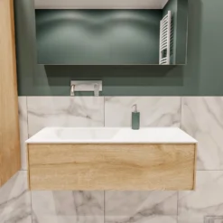 Badkamermeubel BWS Madrid Washed Oak 100x45x30 Cm Mat Witte Solid Surface Wastafel Links (0 Kraangaten)