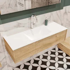 Badkamermeubel BWS Madrid Washed Oak 120x45x30 Cm Mat Witte Solid Surface Wastafel (1 Kraangat) -Zalig Baden Verkoopwinkel badmeubel washed oak 120 cm 1ld 1krg detail1