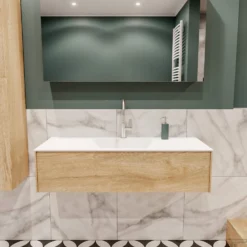 Badkamermeubel BWS Madrid Washed Oak 120x45x30 Cm Mat Witte Solid Surface Wastafel (1 Kraangat)