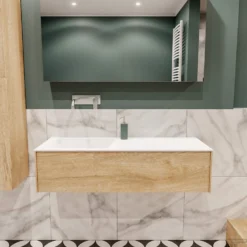 Badkamermeubel BWS Madrid Washed Oak 120x45x30 Cm Mat Witte Solid Surface Wastafel Links (0 Kraangaten)