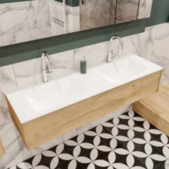 Badkamermeubel BWS Madrid Washed Oak 150x45x30 Cm Mat Witte Solid Surface Wastafel Dubbel (2 Kraangaten) -Zalig Baden Verkoopwinkel badmeubel washed oak 150 cm dubbel 1ld 2krg detail1