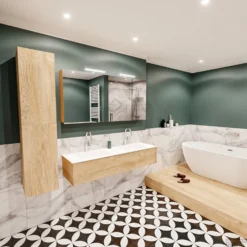 Badkamermeubel BWS Madrid Washed Oak 150x45x30 Cm Mat Witte Solid Surface Wastafel Dubbel (2 Kraangaten) -Zalig Baden Verkoopwinkel badmeubel washed oak 150 cm dubbel 1ld 2krg detail2