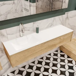 Badkamermeubel BWS Madrid Washed Oak 150x45x30 Cm Mat Witte Solid Surface Wastafel Links (1 Kraangat) -Zalig Baden Verkoopwinkel badmeubel washed oak 150 cm links 1ld 1krg detail1