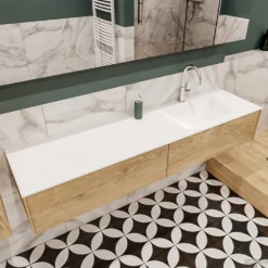 Badkamermeubel BWS Madrid Washed Oak 180x45x30 Cm Mat Witte Solid Surface Wastafel Rechts (2 Lades, 1 Kraangat) -Zalig Baden Verkoopwinkel badmeubel washed oak 180 cm rechts 2ld 1krg detail1