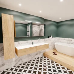 Badkamermeubel BWS Madrid Washed Oak 180x45x30 Cm Mat Witte Solid Surface Wastafel Rechts (2 Lades, 1 Kraangat) -Zalig Baden Verkoopwinkel badmeubel washed oak 180 cm rechts 2ld 1krg detail2