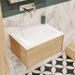 Badkamermeubel BWS Madrid Washed Oak 60x45x30 Cm Mat Witte Solid Surface Wastafel (0 Kraangaten) -Zalig Baden Verkoopwinkel badmeubel washed oak 60 cm 1ld 0krg detail1