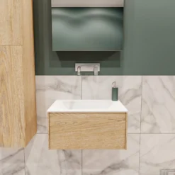 Badkamermeubel BWS Madrid Washed Oak 60x45x30 Cm Mat Witte Solid Surface Wastafel (0 Kraangaten)