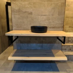 Badkamermeubel BWS Woodstone Twee Bovenbladen Met Boomstamkant 60 Cm (met Beugels En Waskom) -Zalig Baden Verkoopwinkel badmeubelset bws woodstone 60 cm twee planken zwarte kom sfeer