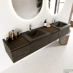 MONDIAZ BUKLA 200cm Badmeubel Met Module 40 Rechts Kleur Dark Brown Met 4 Lades. Wastafel CLOUD Dubbel 2 Kraangaten Kleur Urban. -Zalig Baden Verkoopwinkel bukla2 modulair dark brown planchet urban top 0021