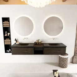 MONDIAZ BUKLA 200cm Badmeubel Met Open Module 40 Kleur Dark Brown Met 2 Lades. Wastafel CLOUD Dubbel 0 Kraangaten Kleur Urban.