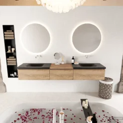 MONDIAZ BUKLA 220cm Badmeubel Met Module 60 Kleur Washed Oak Met 3 Lades. Wastafel CLOUD Dubbel 0 Kraangaten Kleur Urban.