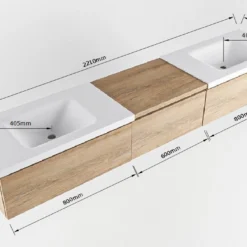 MONDIAZ BUKLA 220cm Badmeubel Met Module 60 Kleur Washed Oak Met 3 Lades. Wastafel CLOUD Dubbel 0 Kraangaten Kleur Urban. -Zalig Baden Verkoopwinkel bukla 220cm double met 80cm 60module 6320013190513