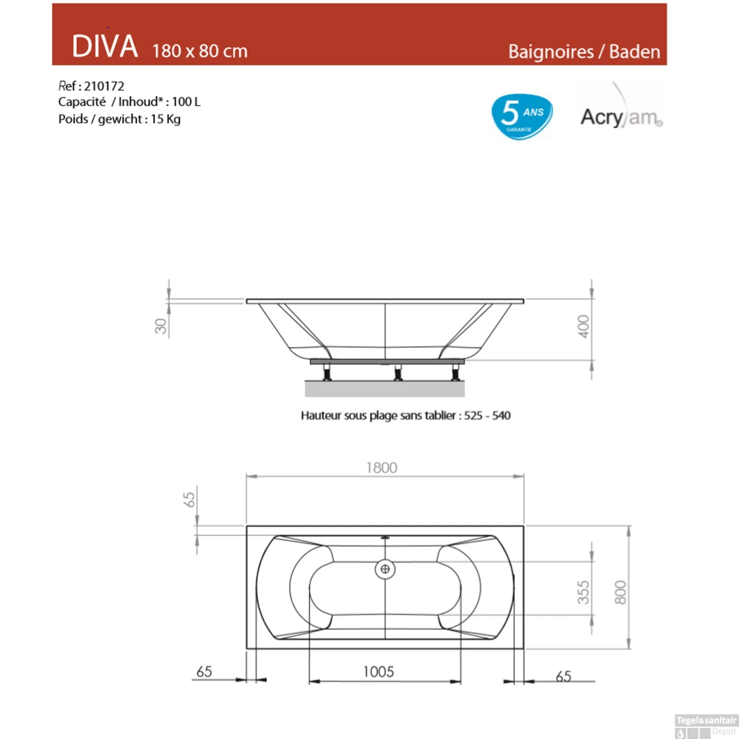 Ligbad Allibert Diva DUO 180x80x45 Cm 2 Ligbad Allibert Diva DUO 180x80x45 Cm - Afbeelding 2